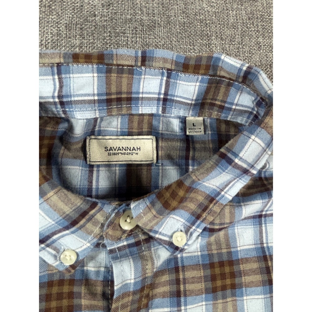 Savannah Shirt Plaid Button Down Long Sleeve Blue Brown Tencel Stretch Women's L - Picture 2 of 11